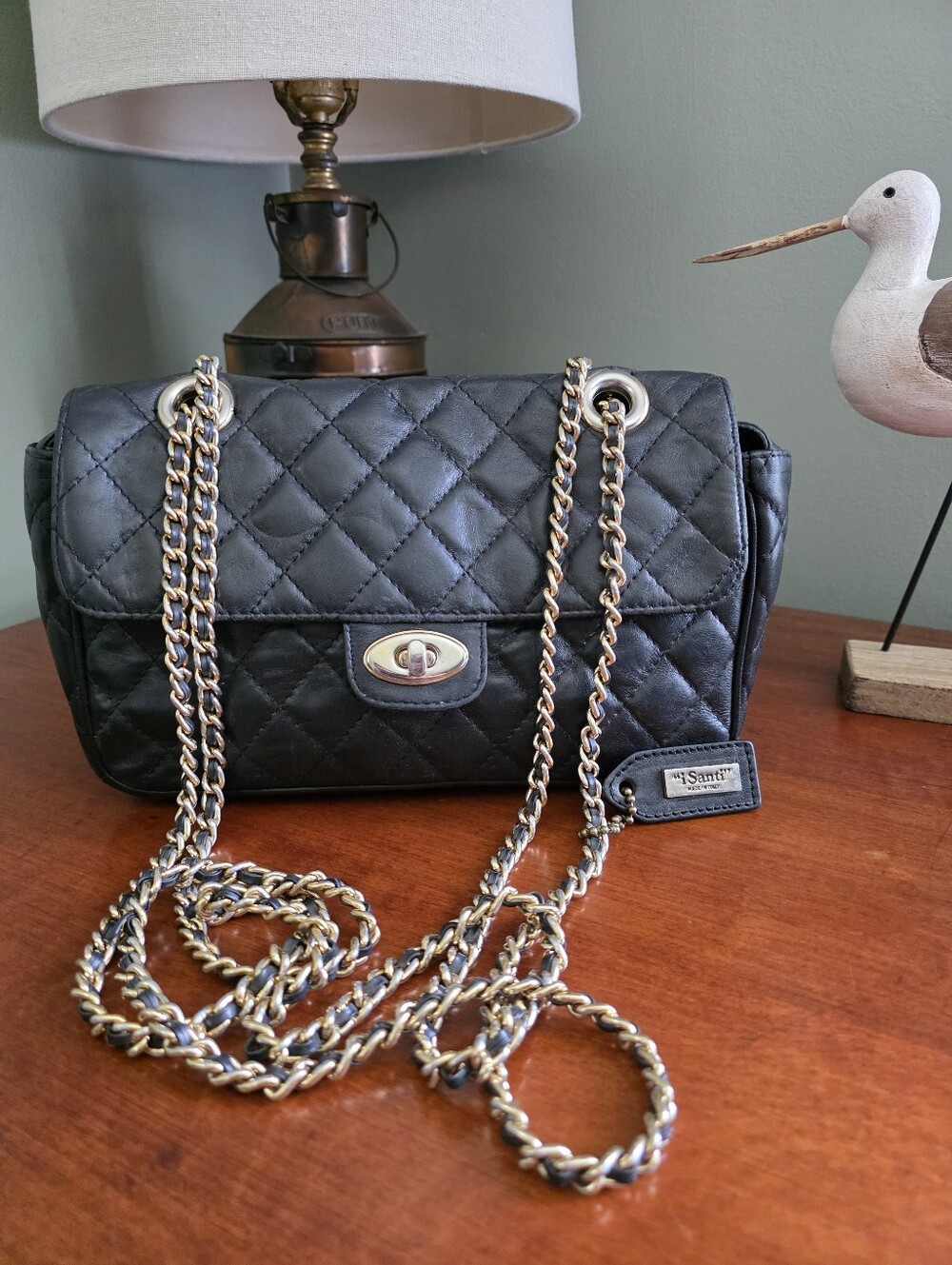 I Santi Quilted Leather Convertible Crossbody Shoulder Bag Black Italy Turnlock